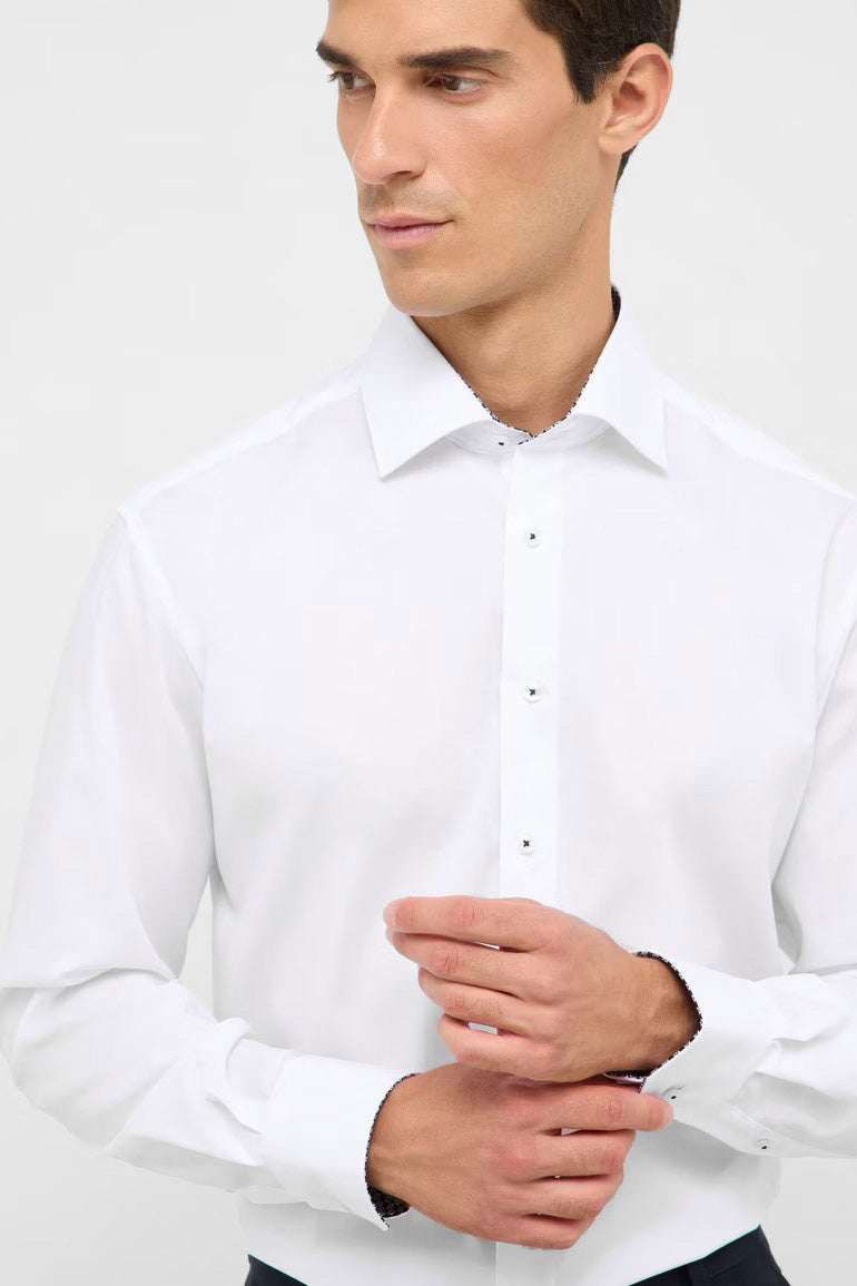 Eterna Modern Fit Plain Shirt with Navy Trim - White