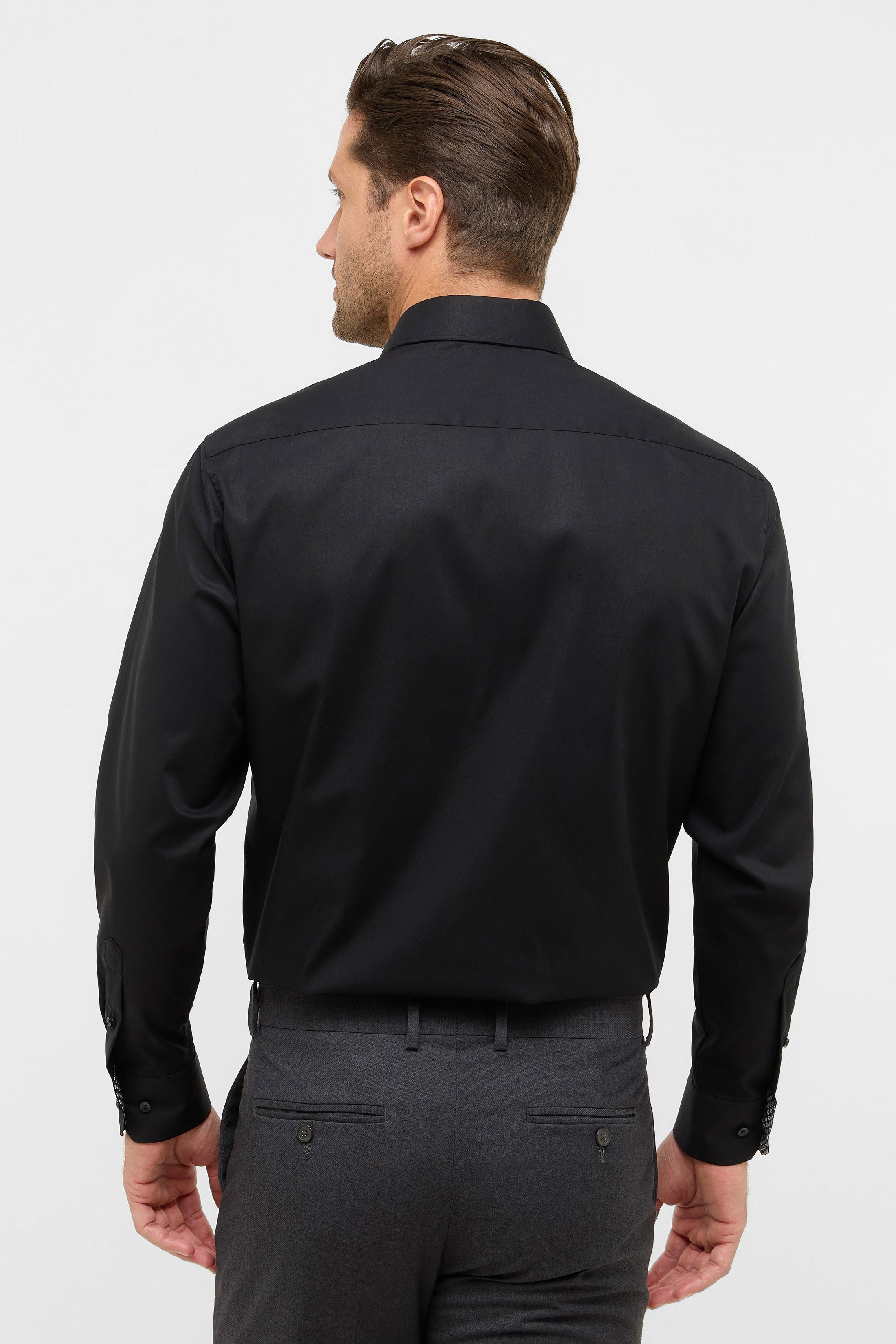 Eterna Modern Fit Plain Shirt with Trim - Black