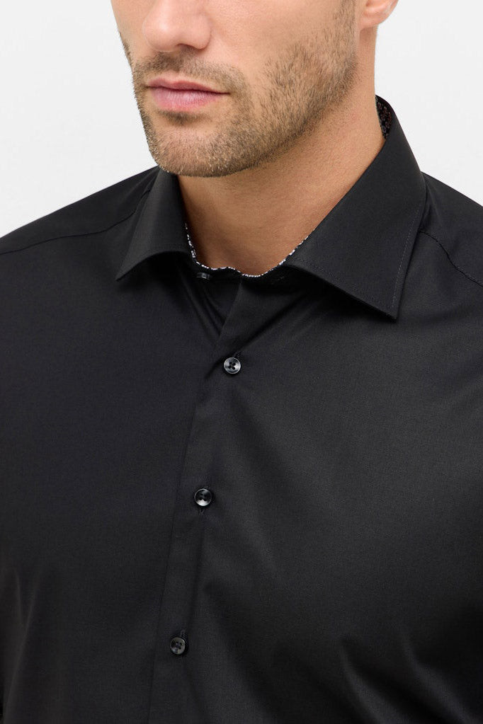 Eterna Modern Fit Plain Shirt with Trim - Black