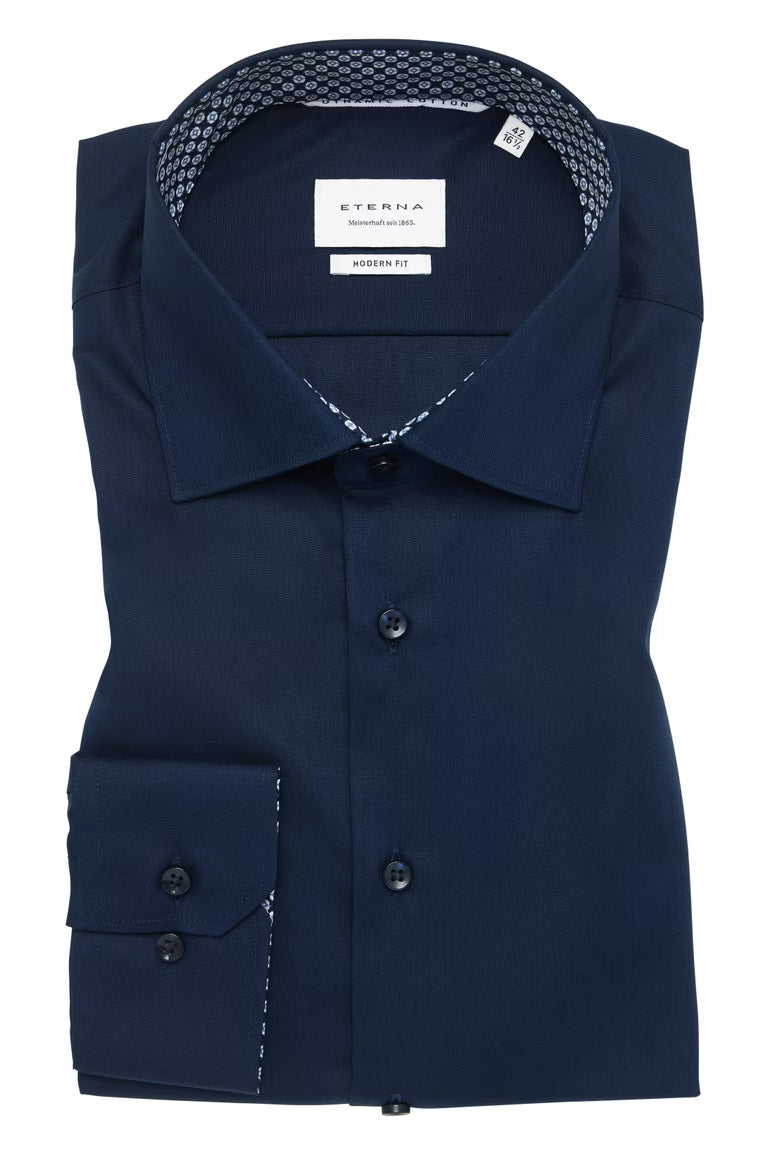 Eterna Modern Fit Plain Shirt with Trim - Dark Blue