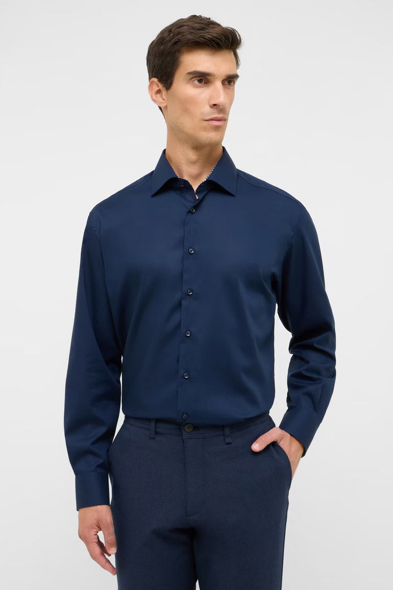 Eterna Modern Fit Plain Shirt with Trim - Dark Blue