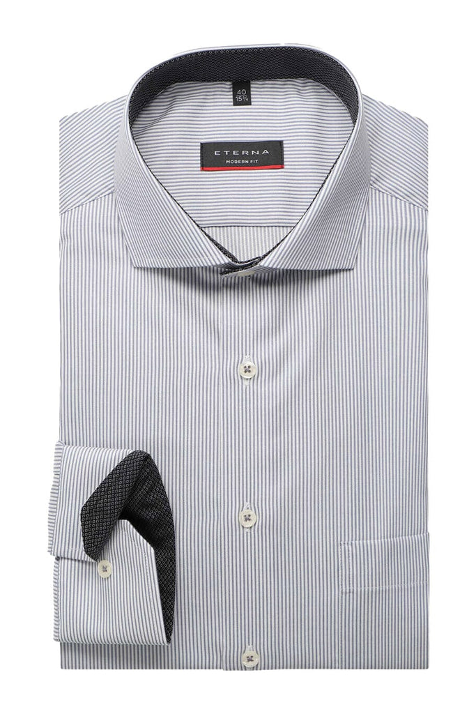 Eterna Modern Fit Satin Narrow Stripe Shirt - White/Grey