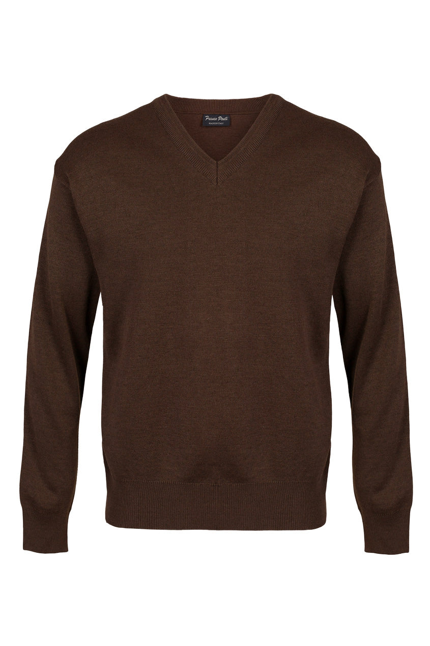 Franco Ponti Medium Weight Merino Wool V Neck Jumper - Chocolate
