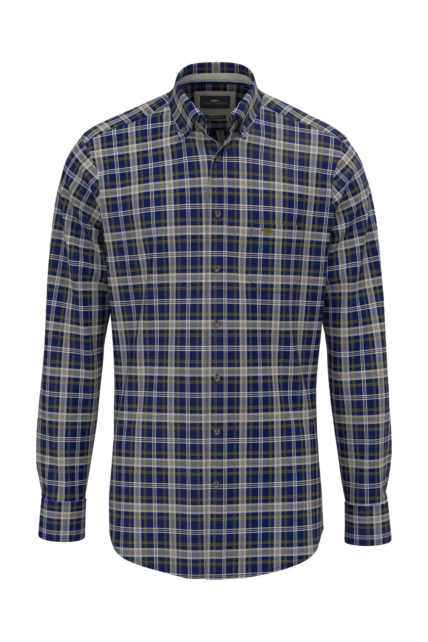 Fynch Hatton Button-Down Herringbone Check Shirt - Ink Blue