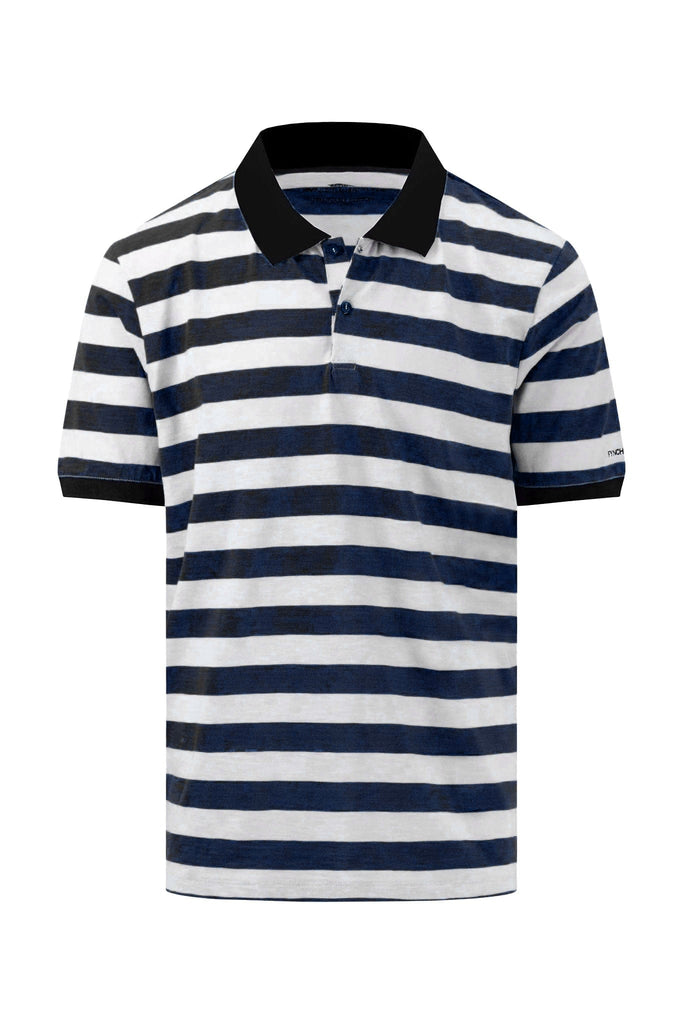Fynch Hatton Cotton Slub Striped Polo Shirt - Navy