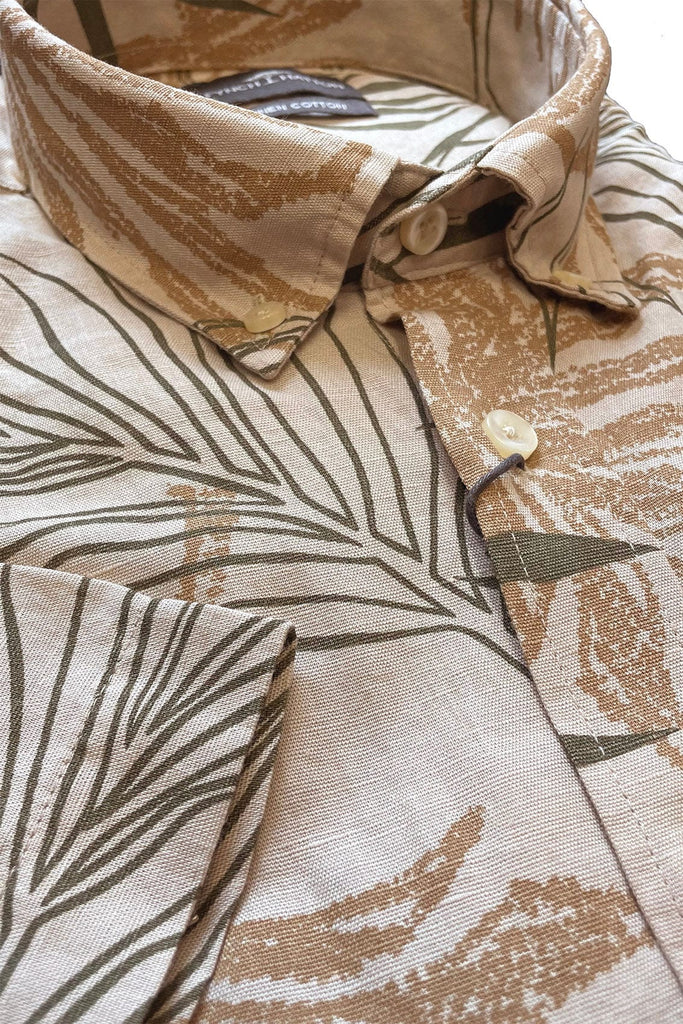 Fynch Hatton Linen/Cotton Palm Leaf Print Short Sleeve Shirt - Stone