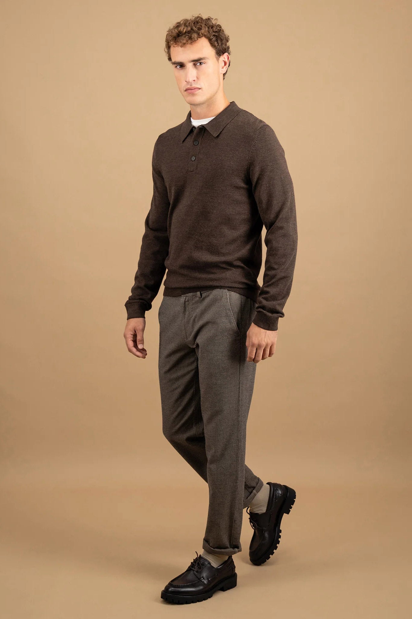 Fynch Hatton Merino Wool Knitted Polo - Dark Chocolate