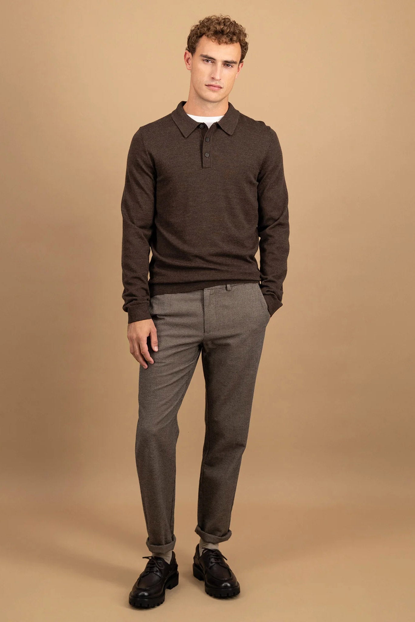 Fynch Hatton Merino Wool Knitted Polo - Dark Chocolate