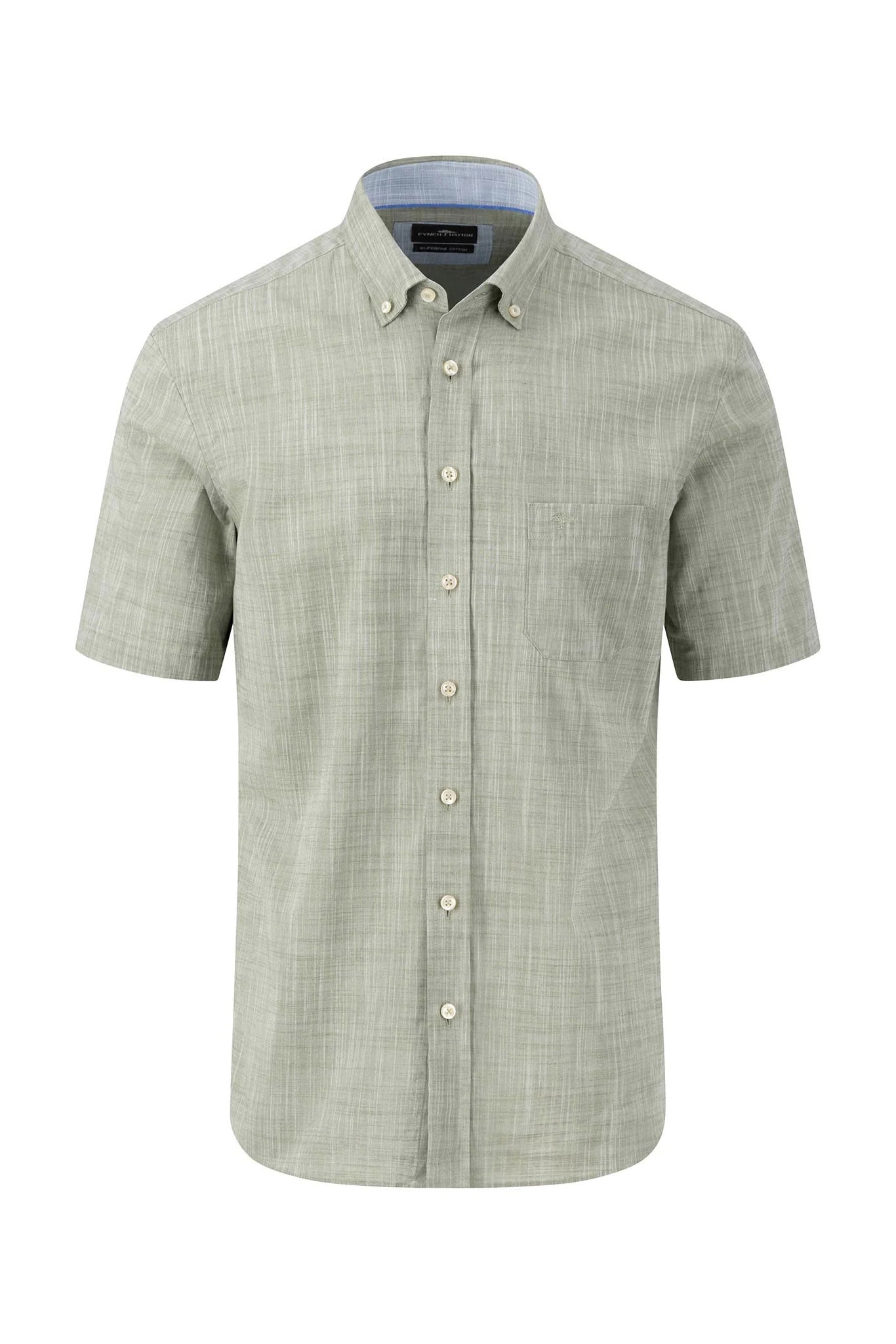 Fynch Hatton Plain Cotton Slub Solid Short Sleeve Shirt - Dusty Olive