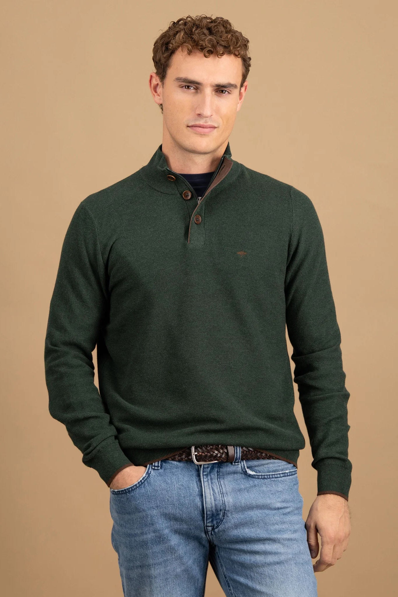 Fynch Hatton Quarter Button Knit Jumper - Dark Ivy