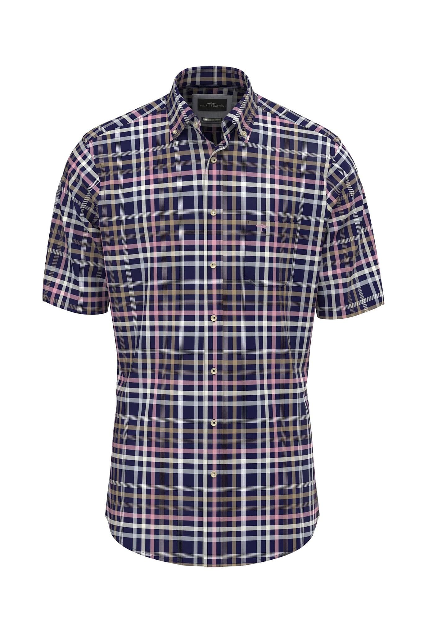 Fynch Hatton Slub Short Sleeve Check Shirt - Navy