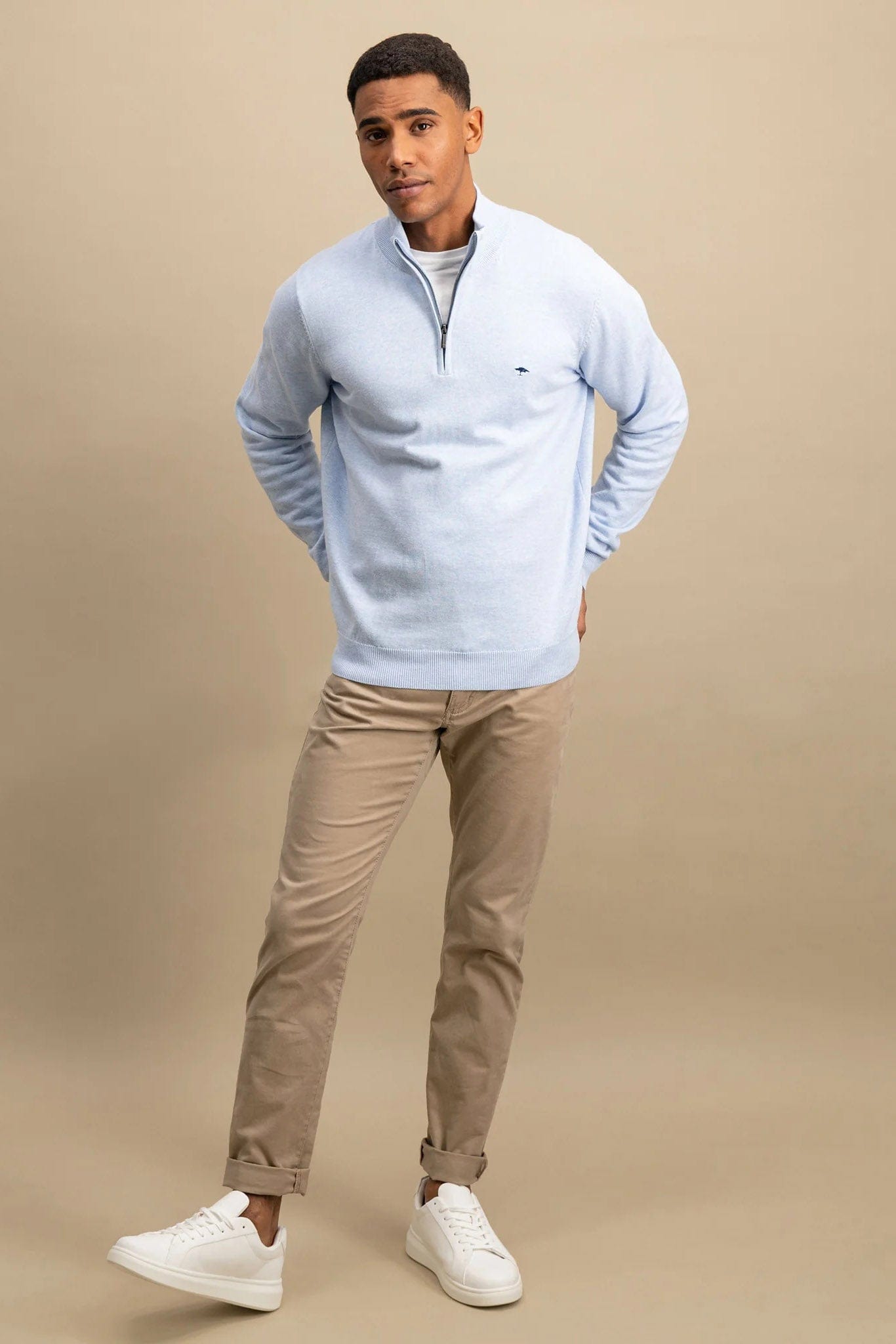 Fynch Hatton Superfine Cotton Quarter Zip Jumper - Summer Breeze