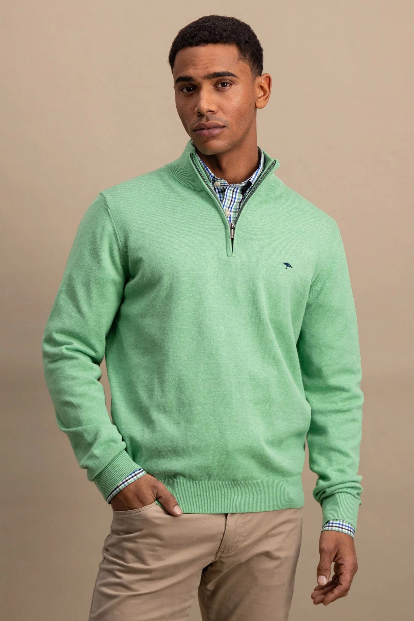 Fynch Hatton Superfine Cotton Quarter Zip Jumper - Turf Green