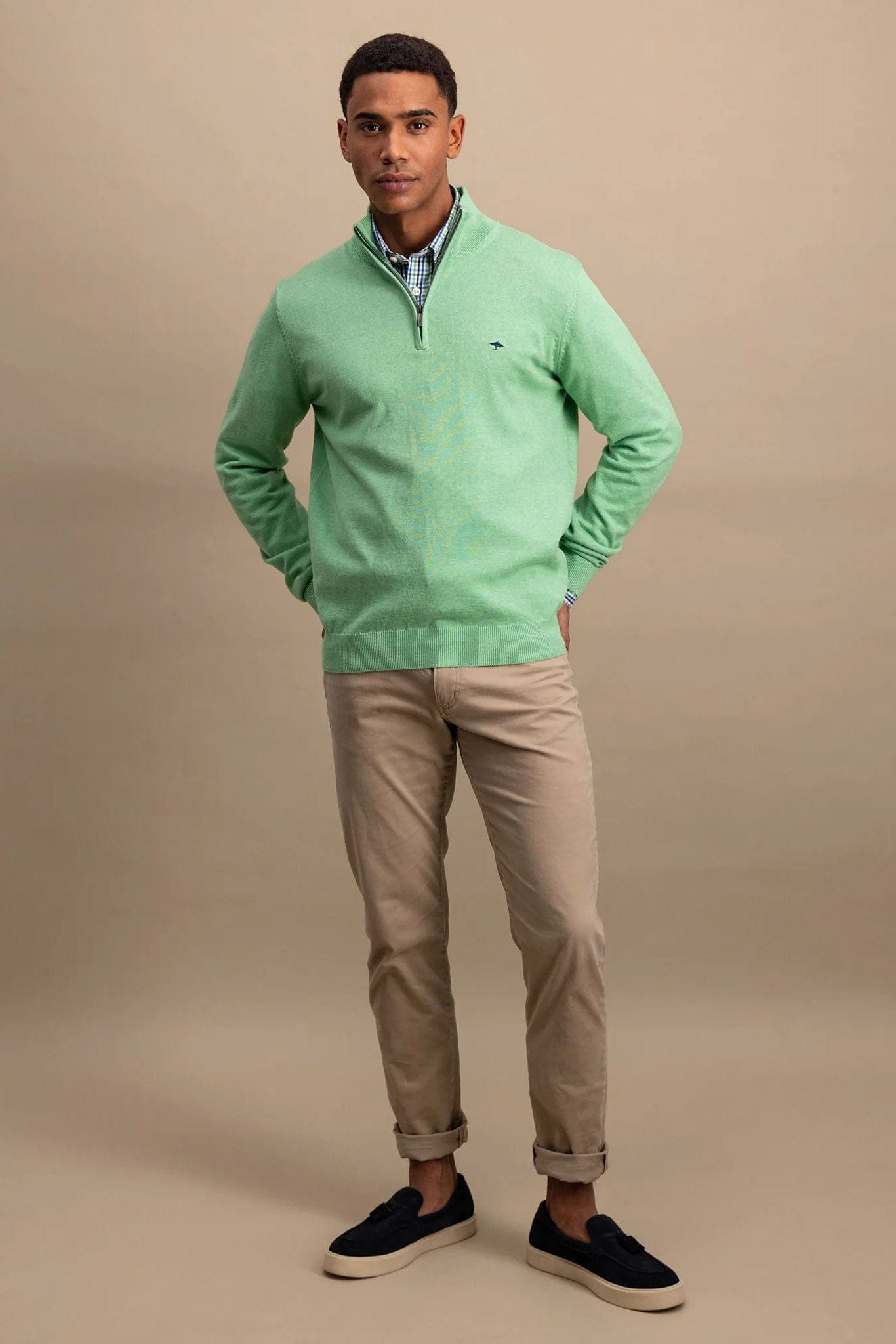 Fynch Hatton Superfine Cotton Quarter Zip Jumper - Turf Green