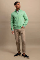 Fynch Hatton Superfine Cotton Quarter Zip Jumper - Turf Green