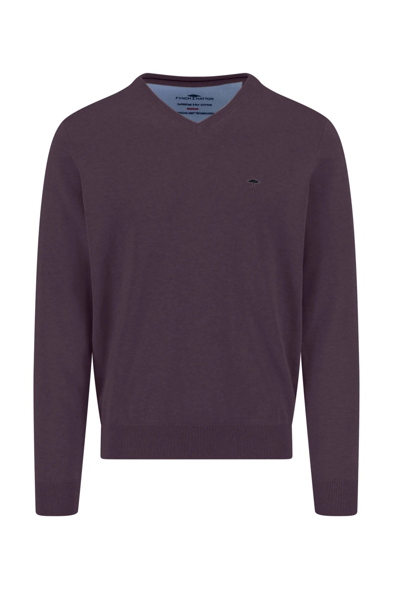 Fynch Hatton Superfine Cotton V-Neck Jumper - Aubergine