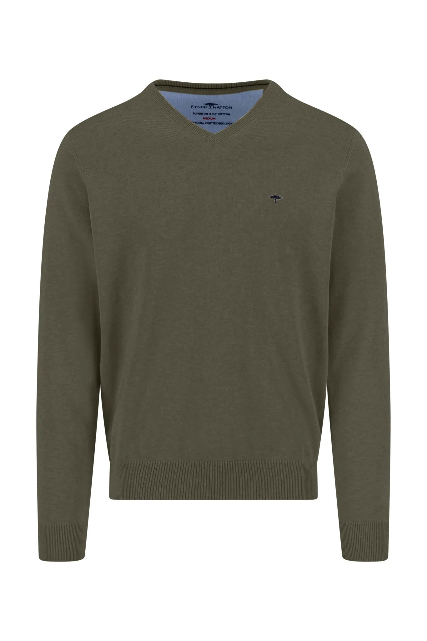 Fynch Hatton Superfine Cotton V-Neck Jumper - Dark Khaki