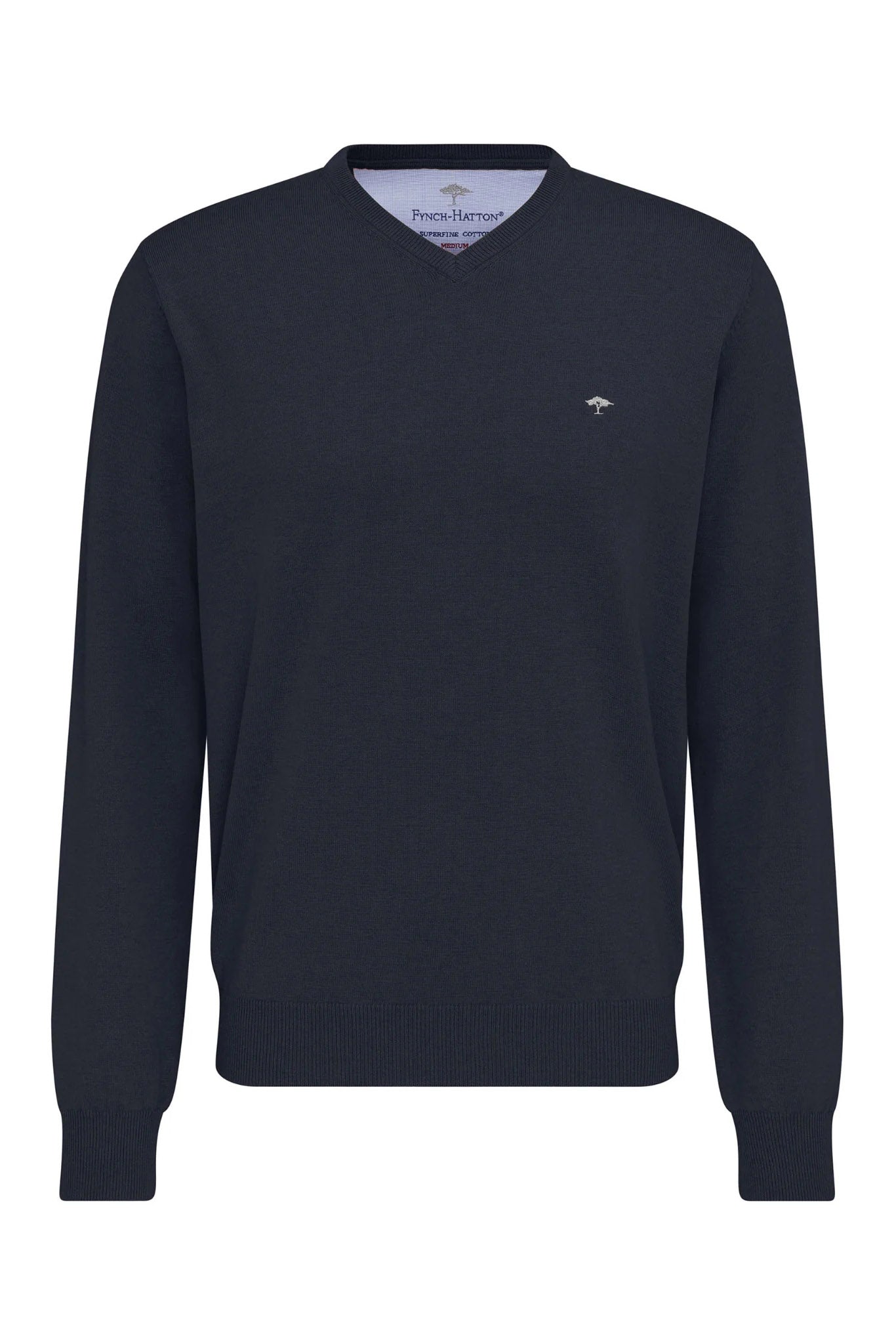 Fynch Hatton Superfine Cotton V-Neck Jumper - Navy
