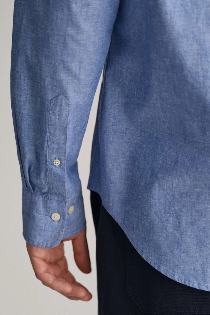 GANT Linen Mix Plain Regular Fit Long Sleeve Shirt - Rich Blue
