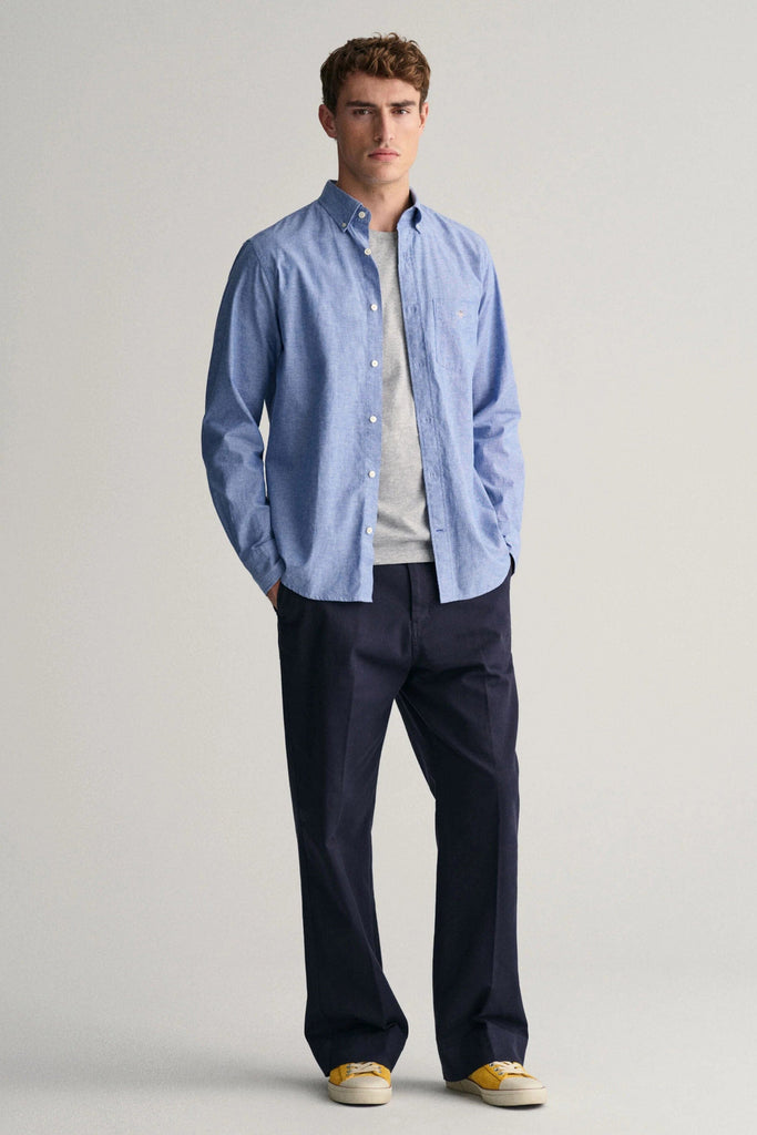 GANT Linen Mix Plain Regular Fit Long Sleeve Shirt - Rich Blue