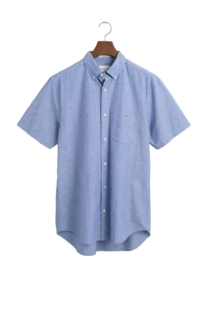 GANT Linen Mix Plain Regular Fit Short Sleeve Shirt - Rich Blue