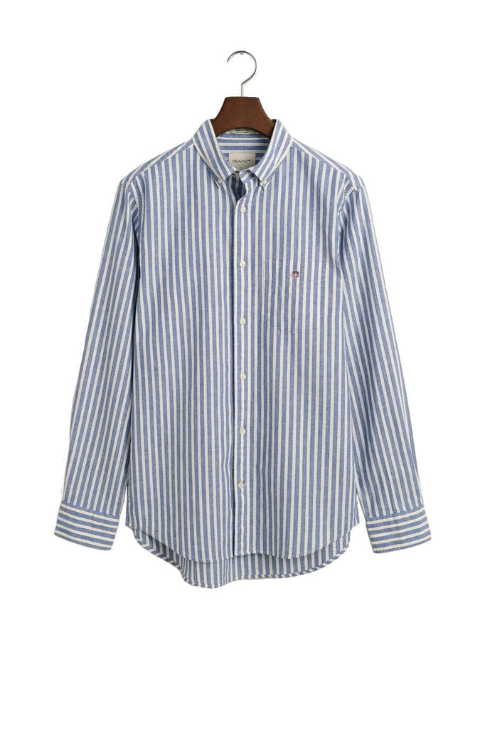 GANT Linen Mix Stripe Regular Fit Long Sleeve Shirt - Rich Blue