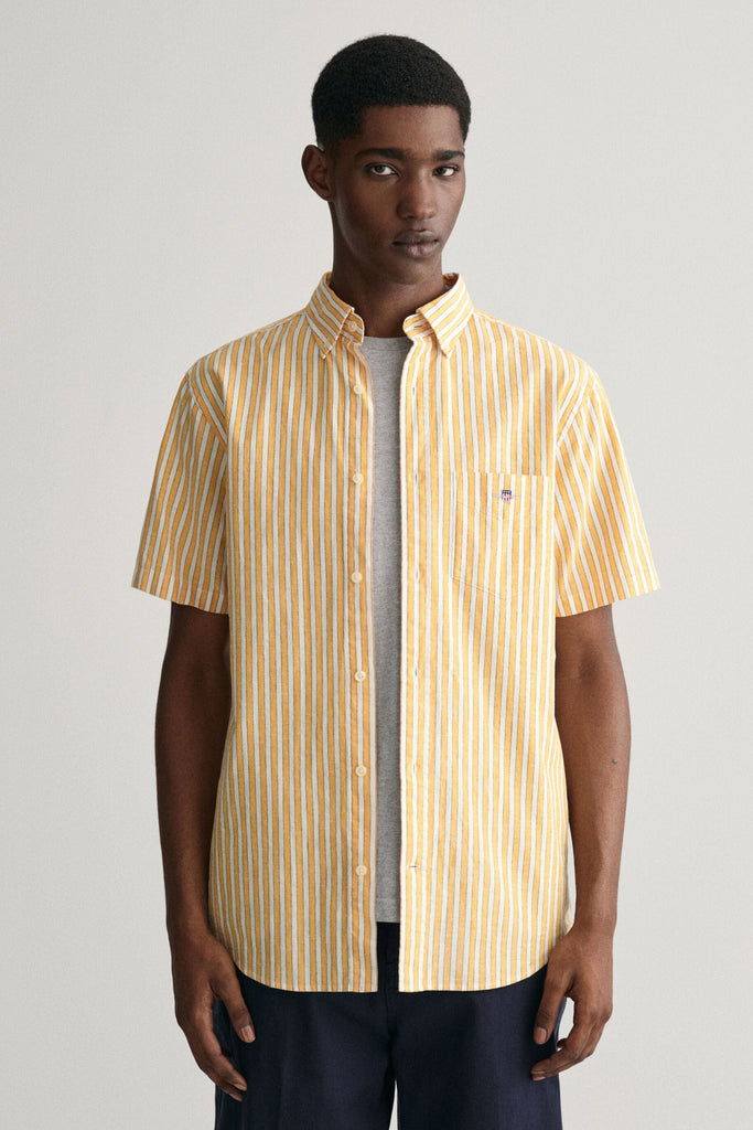 GANT Regular Fit Linen Mix Stripe Short Sleeve Shirt - Medal Yellow