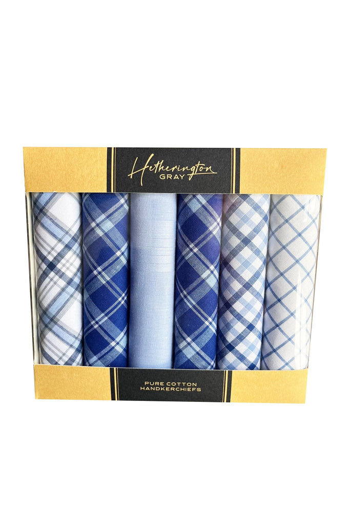 Hetherington Gray Classic Gold Assorted Check Cotton 6 Pack of Handkerchiefs - Blue MR65269_BLUE_OS