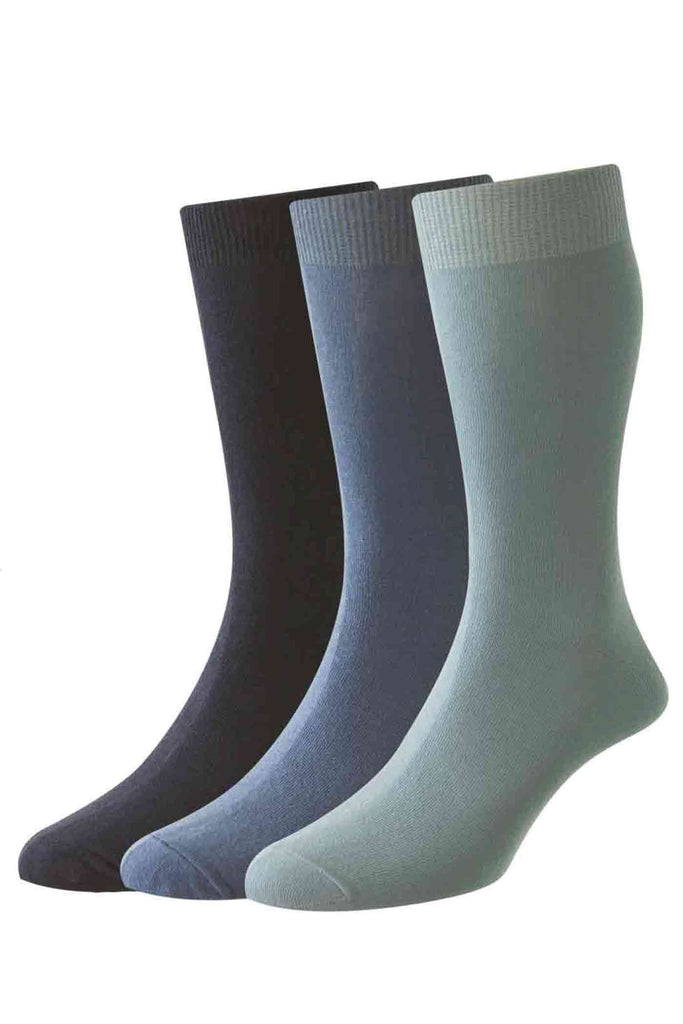 HJ Hall Executive Plain Knit Cotton Rich Socks - 3 Pack - Navy/Denim/Light Blue