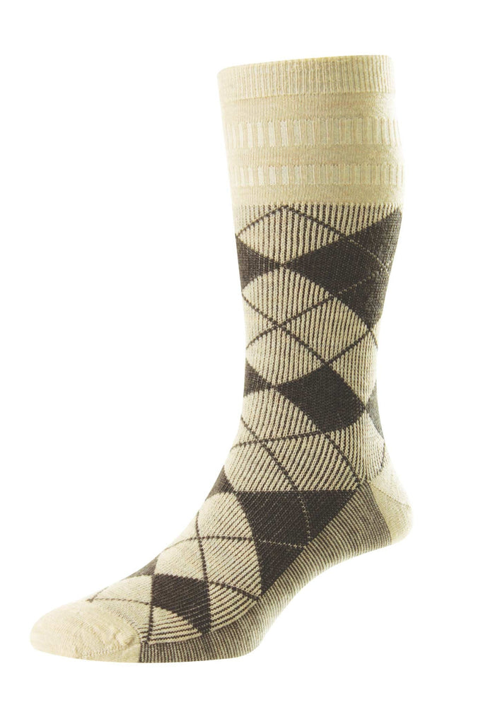 HJ Hall Wool Softop Argyle Socks - Oatmeal/Dark Brown HJ96_OATBROWN_6-11