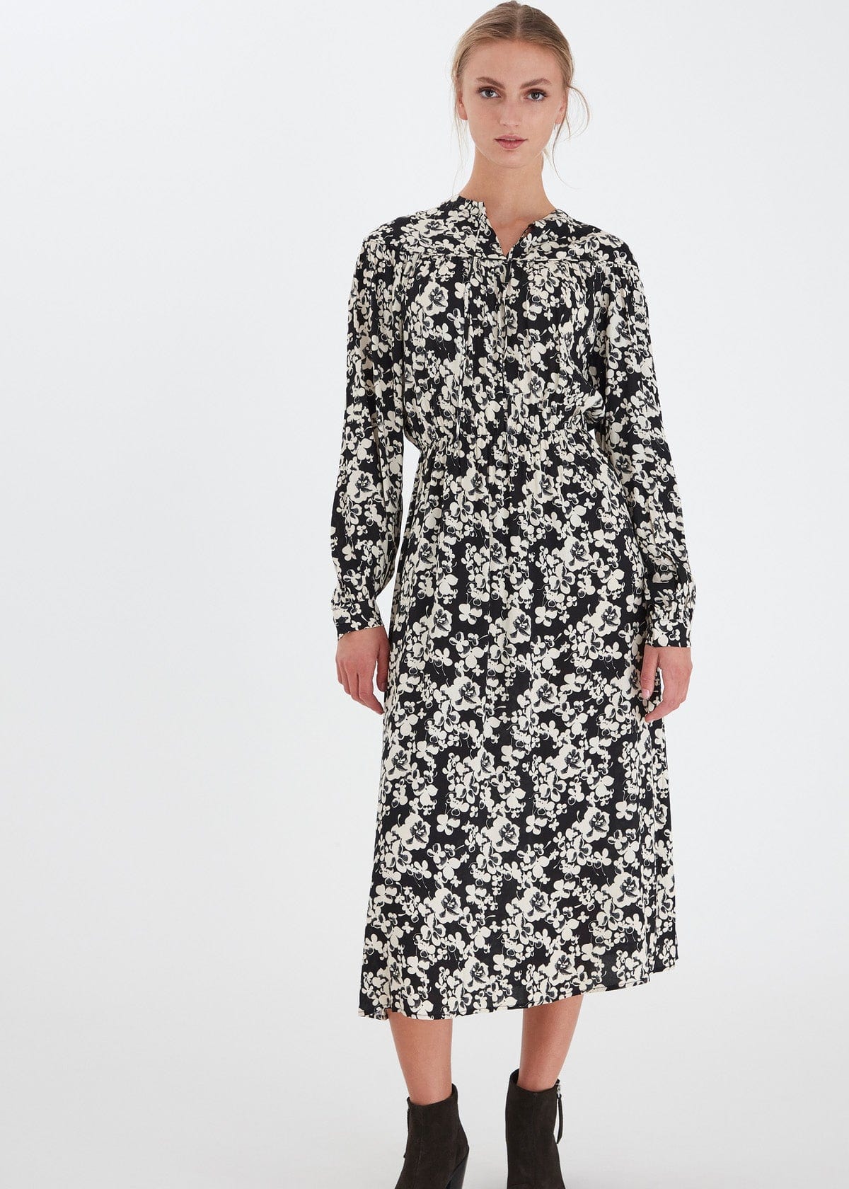 Ichi Anke Floral Tie Neck Midi Dress - Black