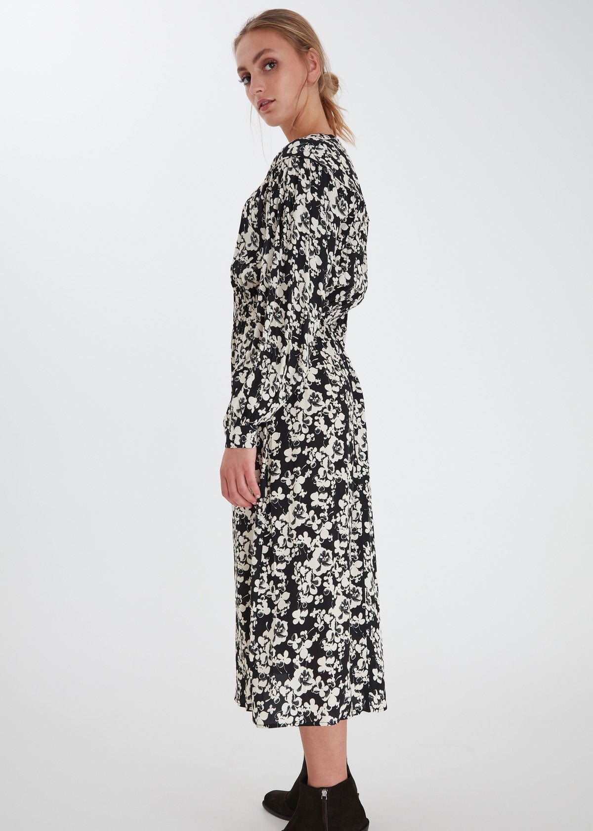 Ichi Anke Floral Tie Neck Midi Dress - Black