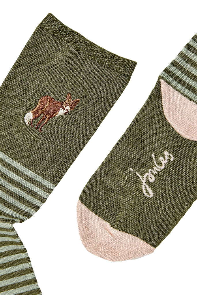 Joules Excellent Embroidered Socks - Green Embroidered Fox 223809_GRNEMB_4-8