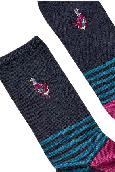 Joules Excellent Embroidered Socks - Navy Pheasant Embroidered 223809_NAVYEMB_4-8