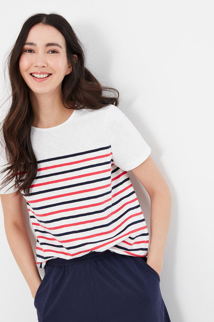 Joules Harbour Stripe Button Shoulder T-Shirt - Cream Stripe