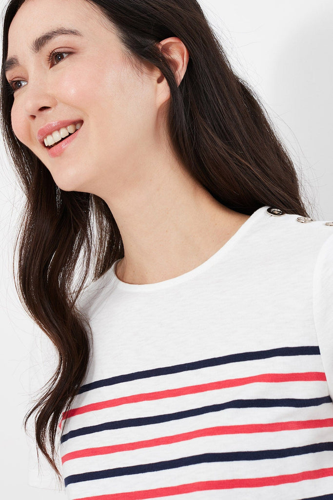 Joules Harbour Stripe Button Shoulder T-Shirt - Cream Stripe