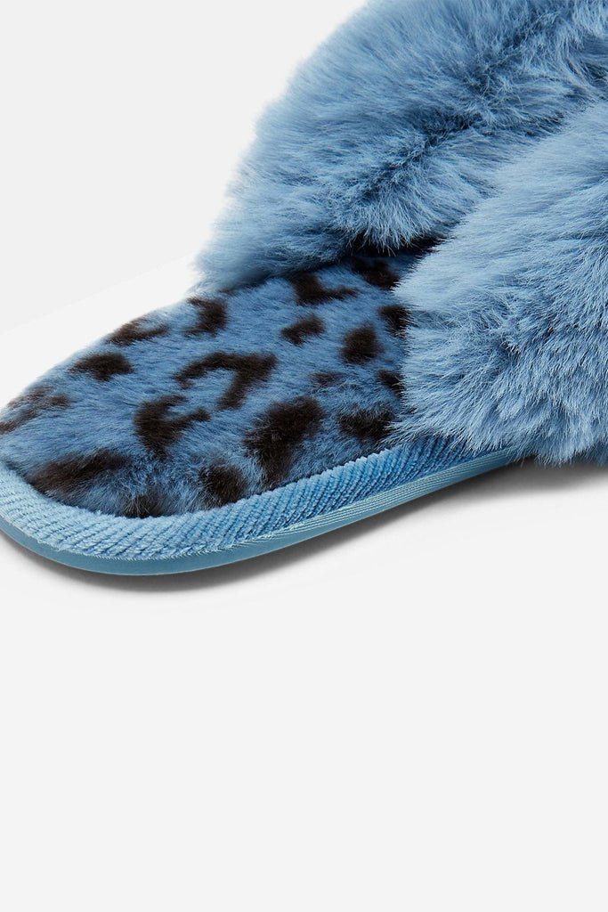 Joules Mabelle Cross Strap Faux Fur Sliders - Blue Leopard