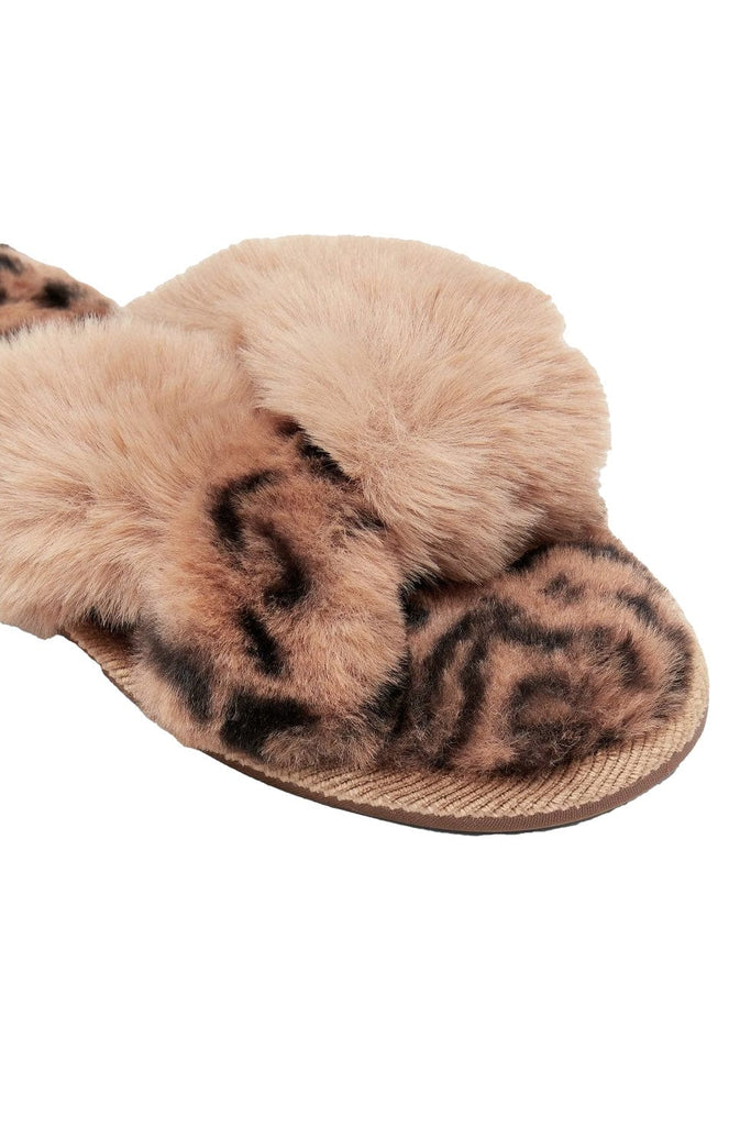 Joules Mabelle Cross Strap Faux Fur Sliders - Leopard