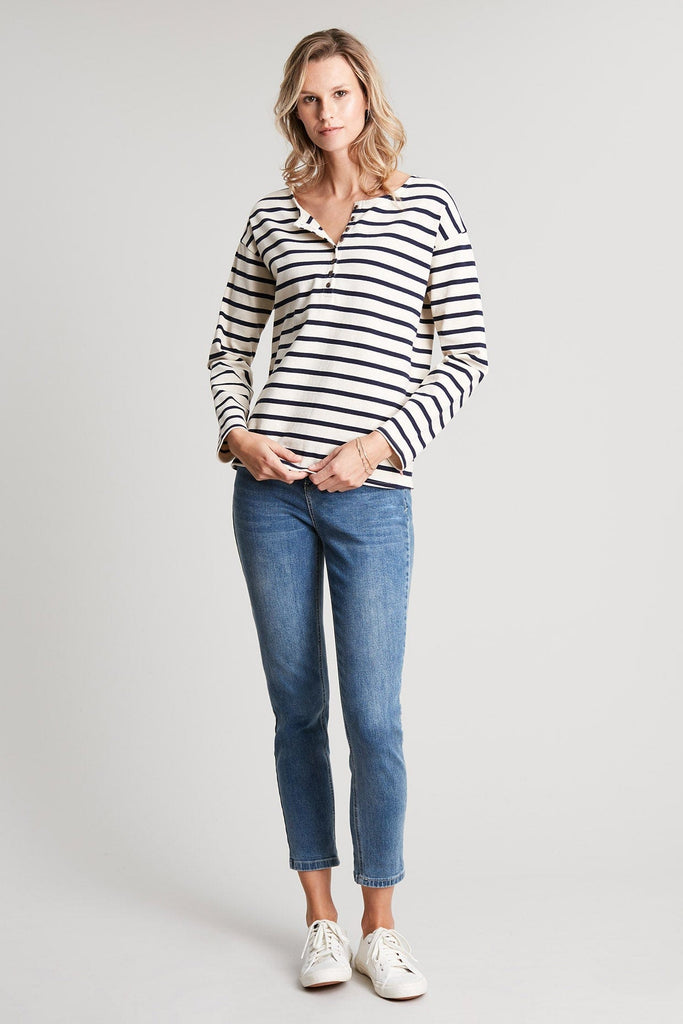 Joules Olive Long Sleeve Henley Top - Cream Navy Stripe