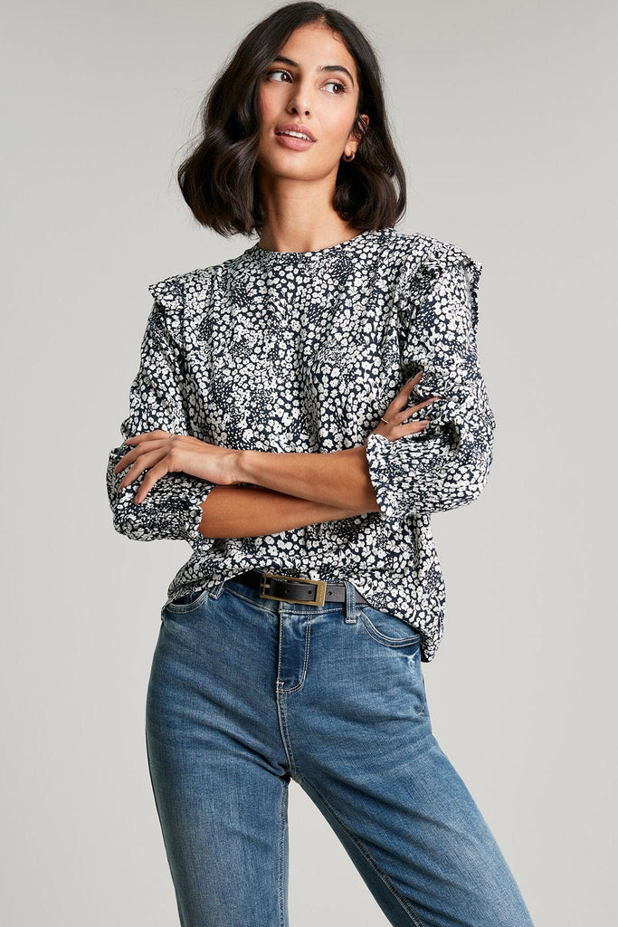 Joules Samara Jersey Blouse With Frill Shoulder Detail - Navy Ditsy