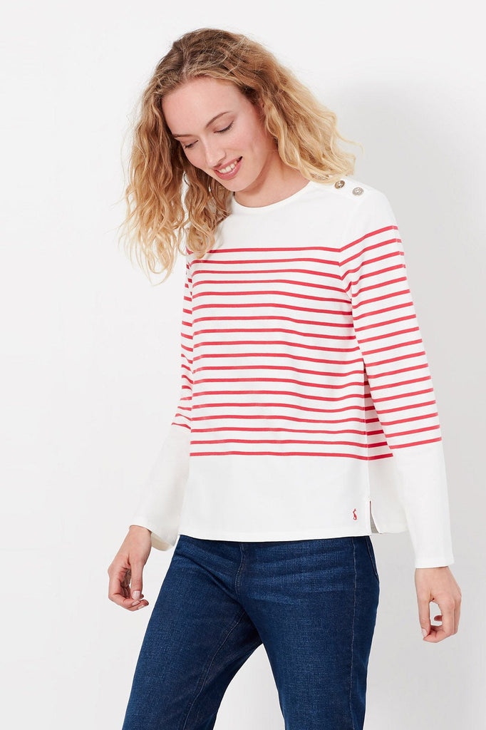 Joules Seacombe Button Shoulder Breton Top - Engineered Pink Stripe