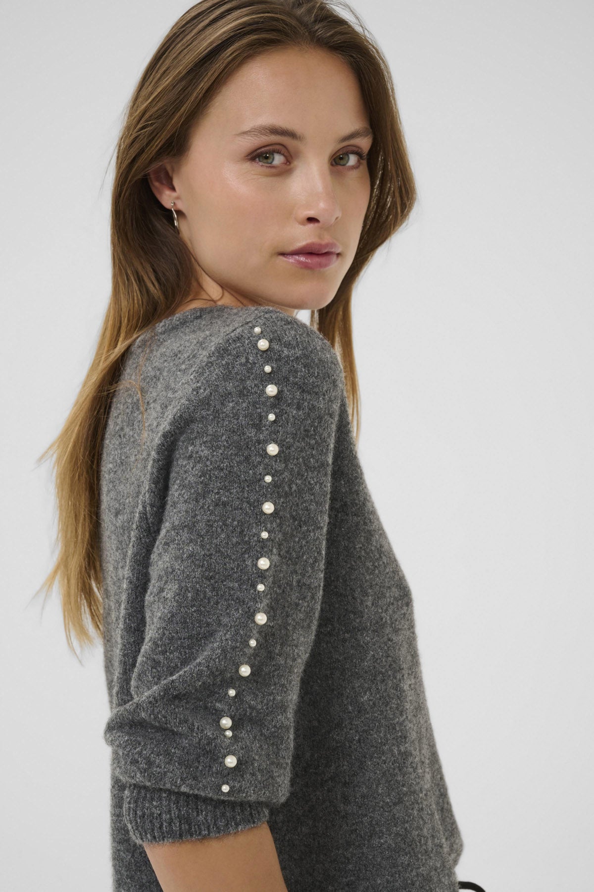 Kaffe Betty Jumper with Pearl Detail Sleeves - Grey Melange
