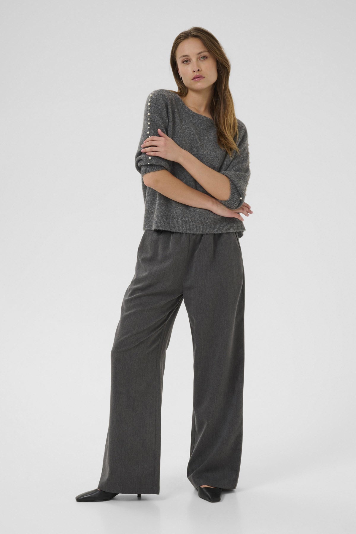 Kaffe Betty Jumper with Pearl Detail Sleeves - Grey Melange