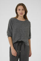 Kaffe Betty Jumper with Pearl Detail Sleeves - Grey Melange
