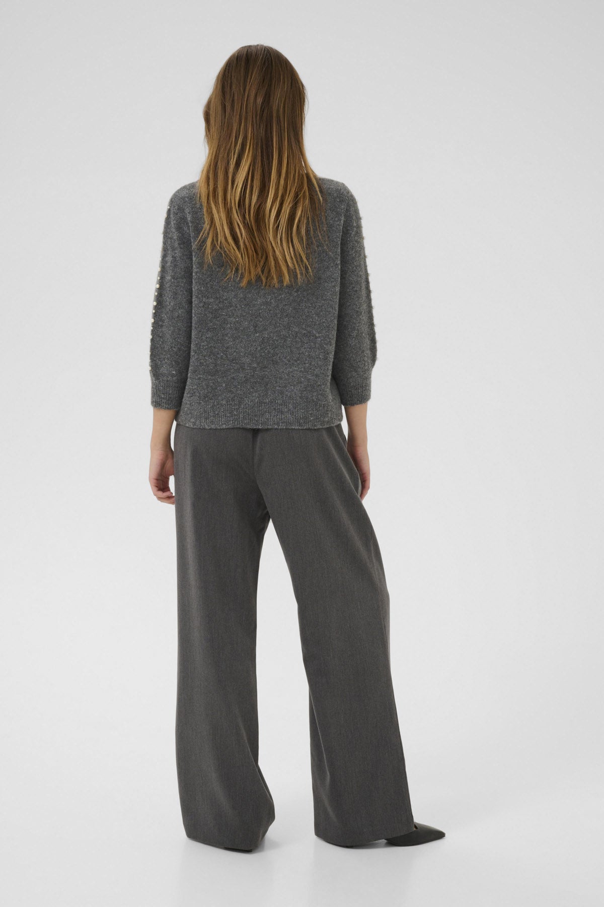 Kaffe Betty Jumper with Pearl Detail Sleeves - Grey Melange