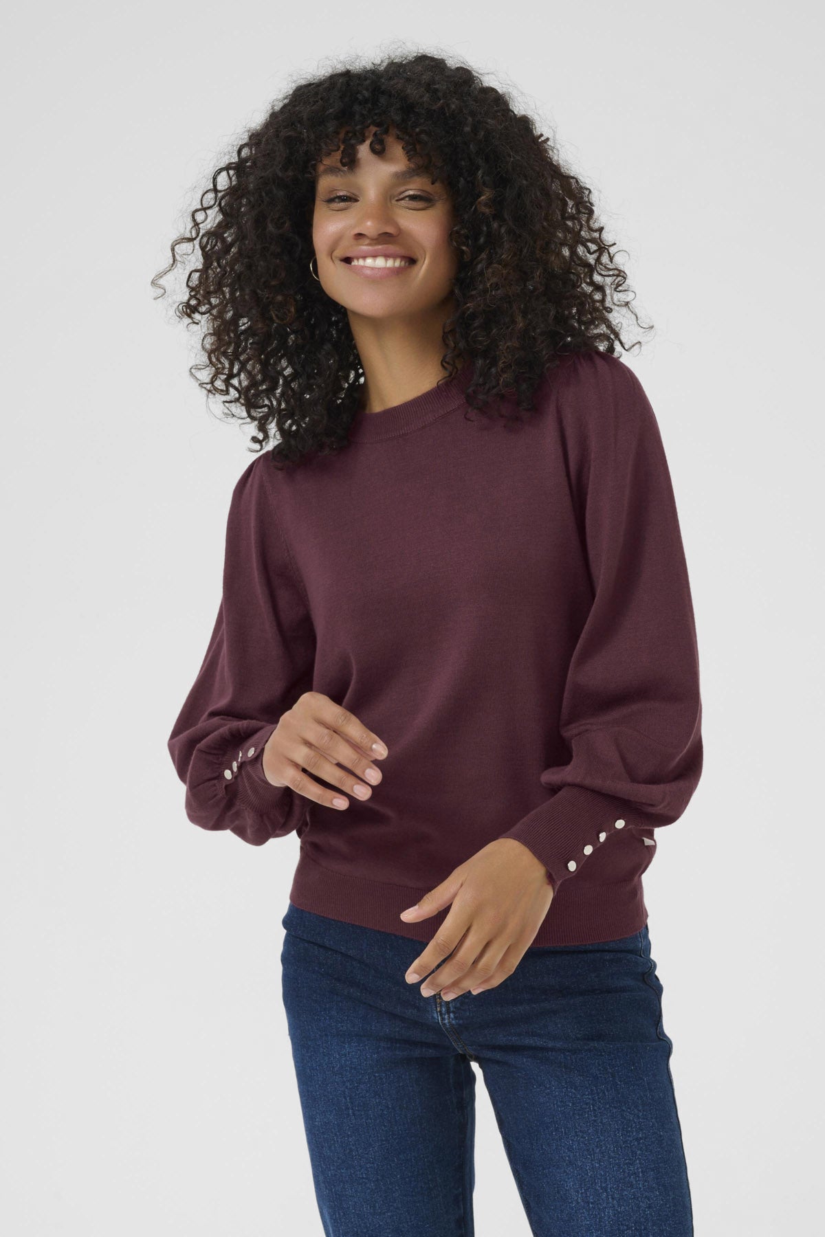 Kaffe Lizza Round Neck Knit Jumper with Button Detail - Windsor Wine