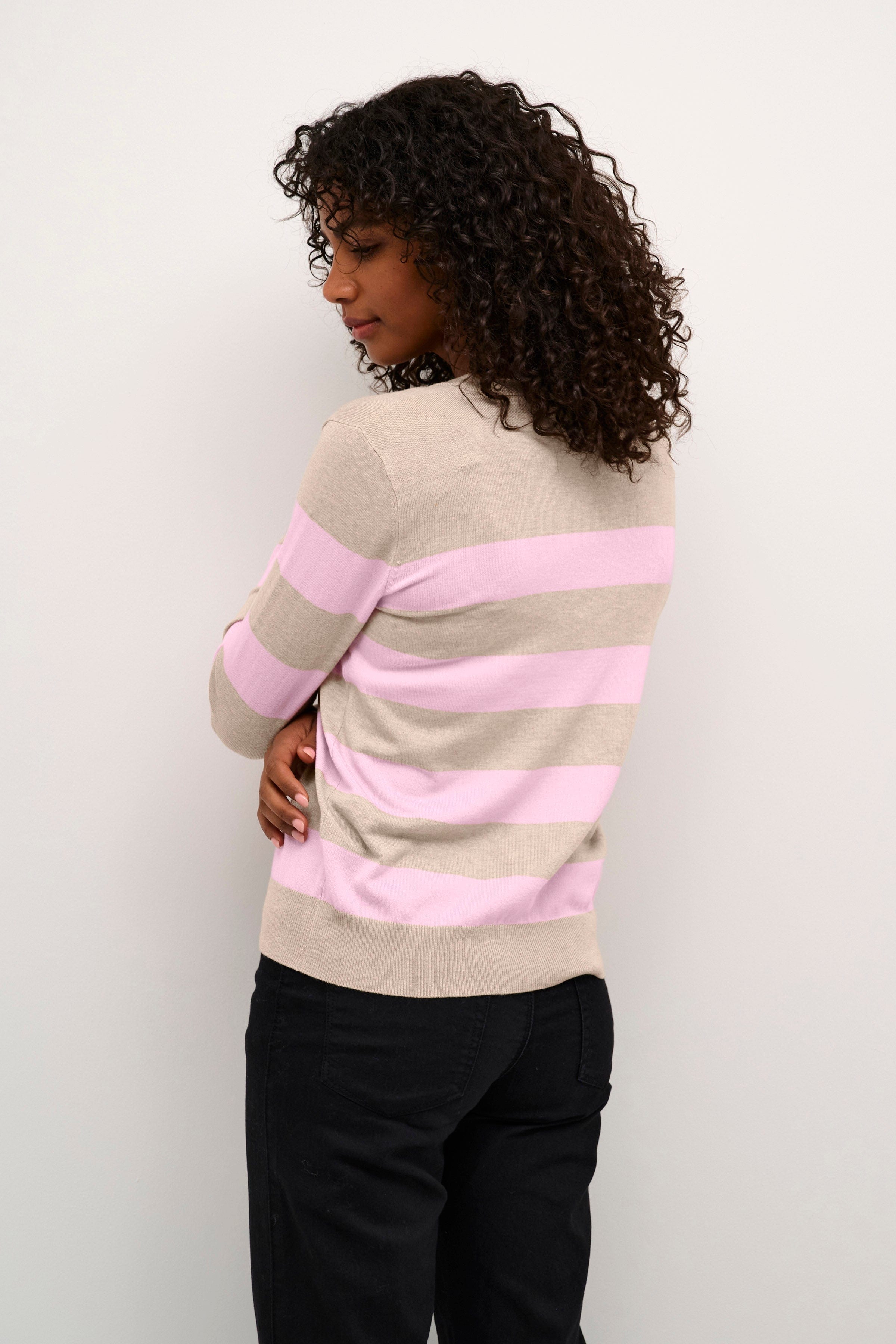 Kaffe Lizza Striped Knit Lightweight Jumper- Feather Gray/Mesarose Stripe