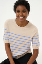 Kaffe Lizza Striped Short Sleeve Knit Jumper - Feather Gray Melange/Blue
