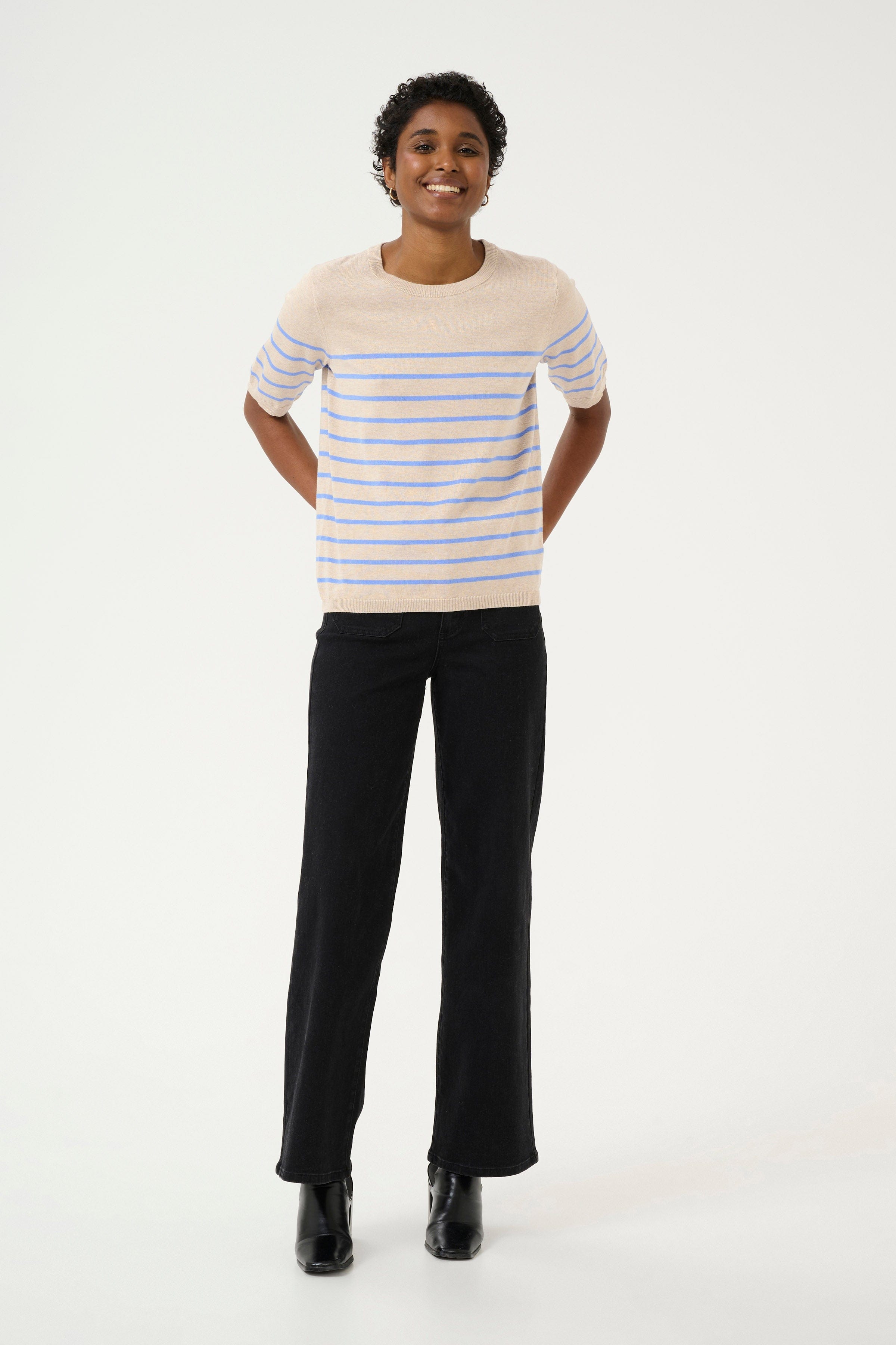 Kaffe Lizza Striped Short Sleeve Knit Jumper - Feather Gray Melange/Blue