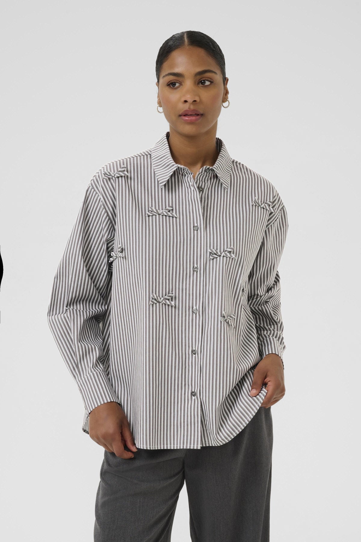 Kaffe Marianne Stripe Bow Embellished Shirt - Grey/White Stripe